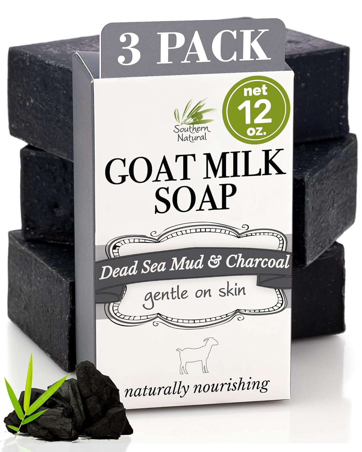 Southern Natural Activated Charcoal Soap Bar (3 Pack) Face and Body Soap For Sensitive Skin With Dead Sea Mud, Goat Milk & Peppermint Essential Oil