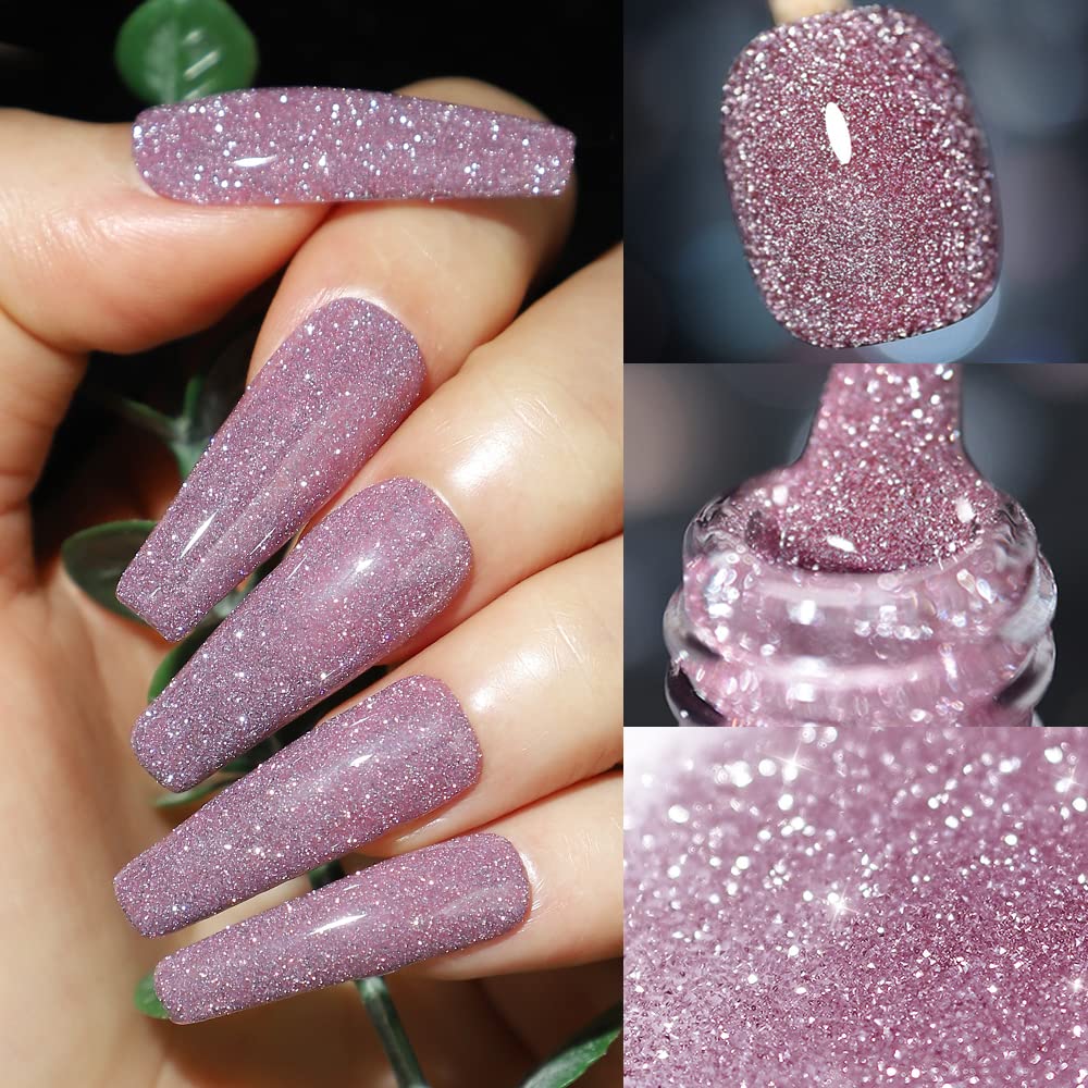 MIZHSE Diamond Gel Nail Polish, Reflective Glitter Pink Gel Polish, Sparkly Shiny Shimmer Nail Art Varnish Manicure, Soak Off LED Lamp, for Beginners DIY at Home