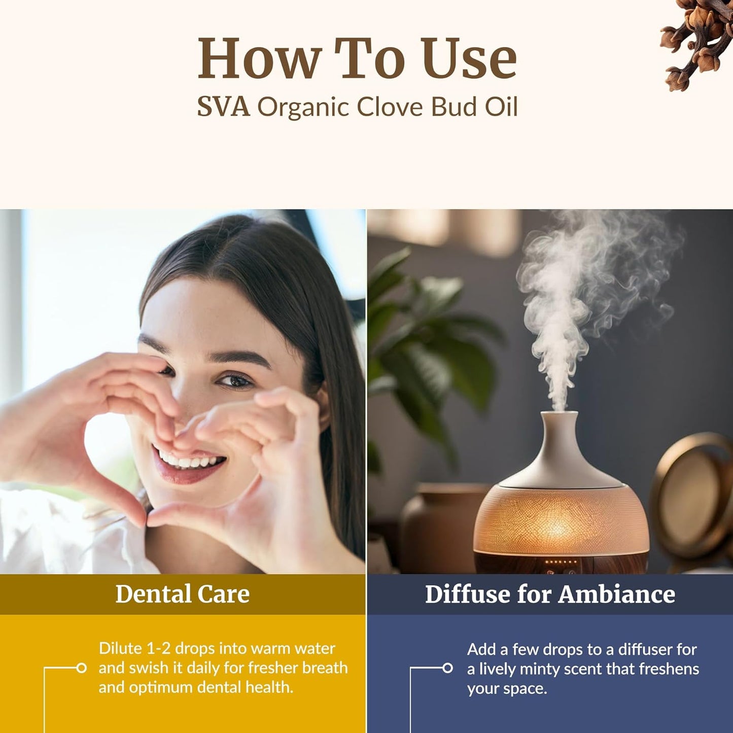 SVA Clove Essential Oil Organic – 4 Fl Oz – 100% Natural Organic Clove Oil - for Diffuser, Hair Care, Face, Skin Care, Aromatherapy, Scalp and Body Massage, Soap and Candle Making - with Dropper