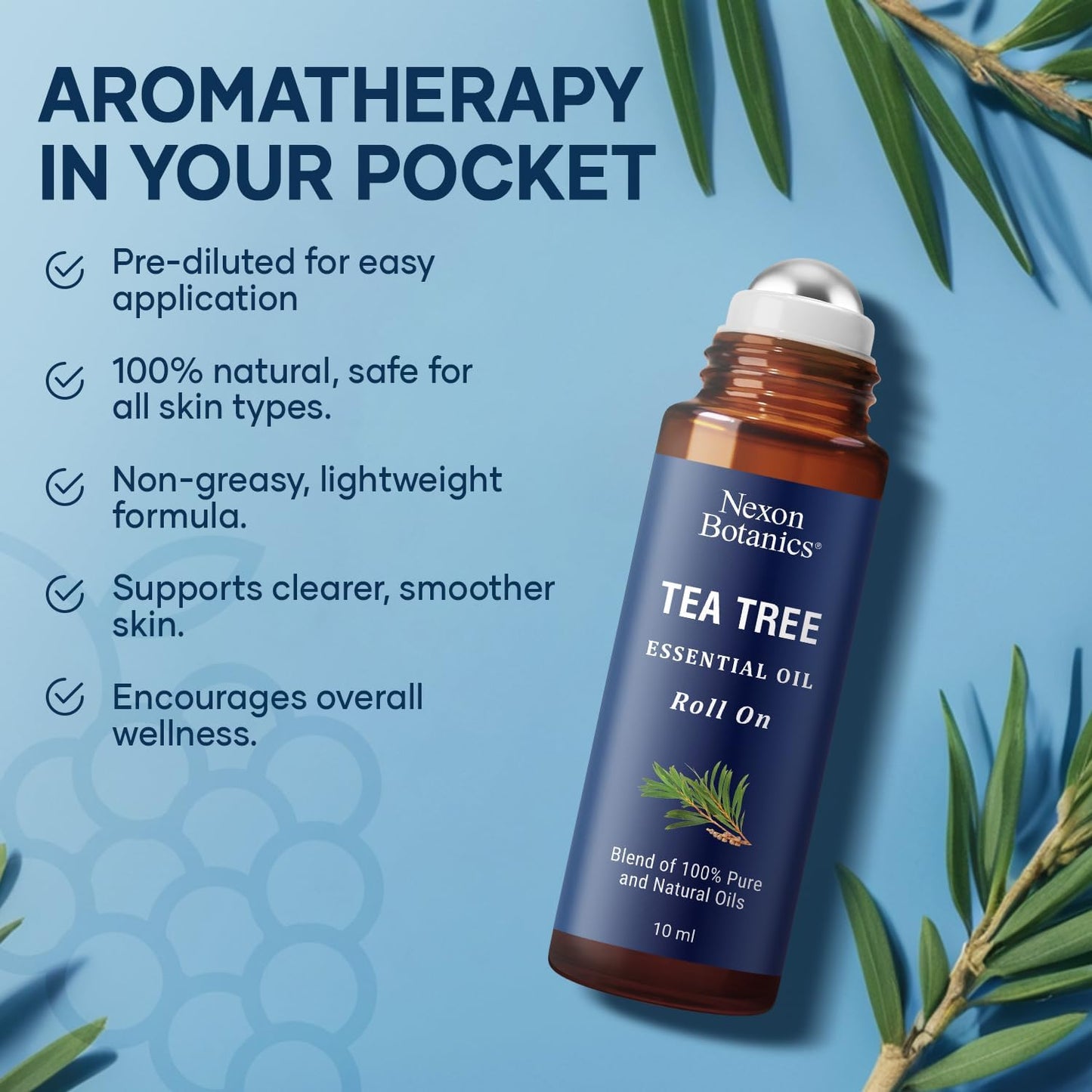 Tea Tree Oil Roll-On 10 ml - 100% Pure, Natural Essential Oil for Aromatherapy, Skin, Face & Body - Pre-Diluted for Travel - Nexon Botanics