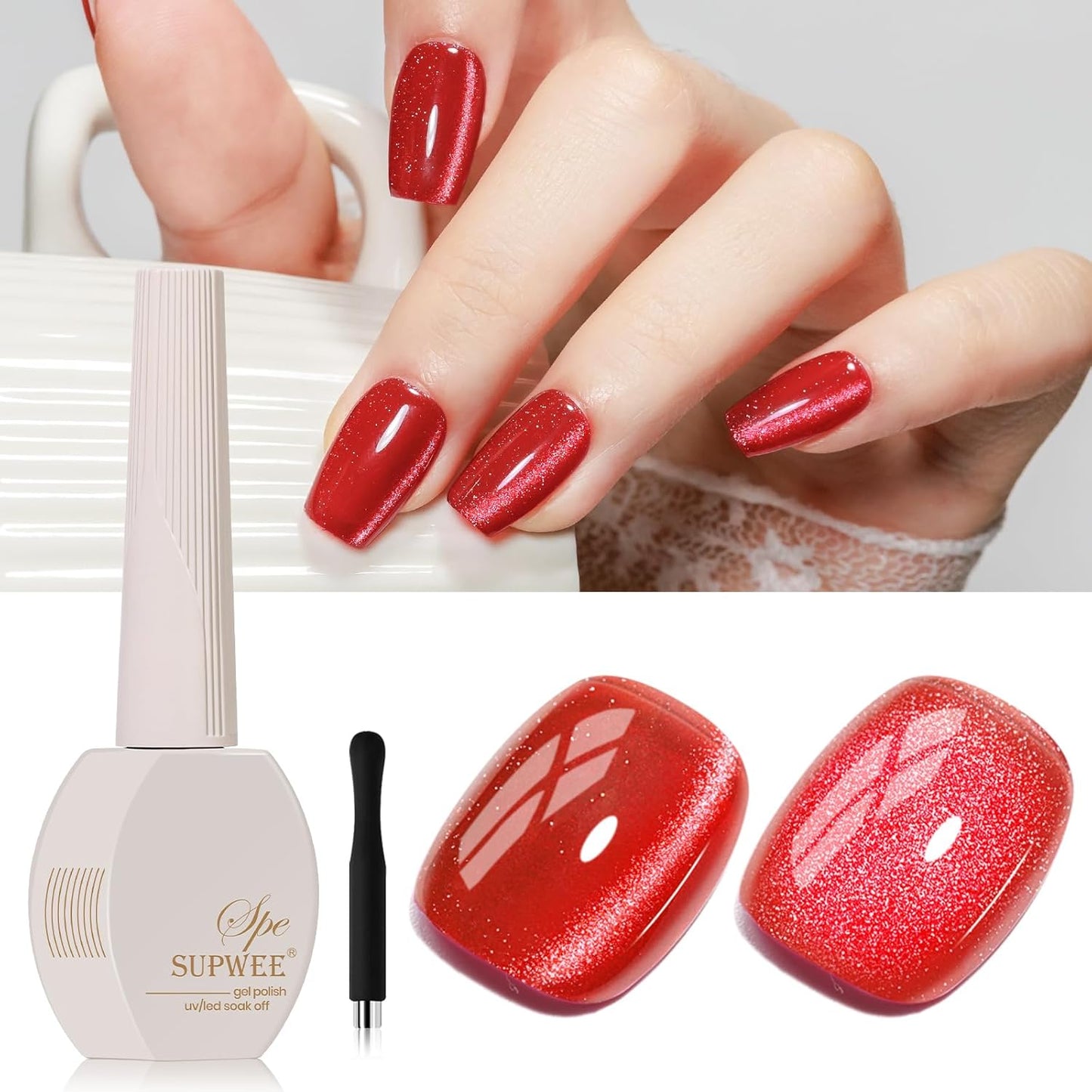 Red Cat Eye Gel Nail Polish, 15ML Magnetic Crystal Holographic Cateye Gel Polish Glitter Shimmer Reflective Nail Polish with Magnet Soak Off Salon DIY at Home