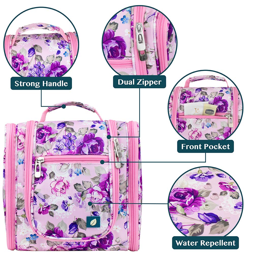 PAVILIA Toiletry Bag Travel Bag for Women Men, Hanging Cosmetic Organizer, Water Resistant Makeup Bag for Accessories Toiletries, Large Travel Essentials Kit (Floral Pink)