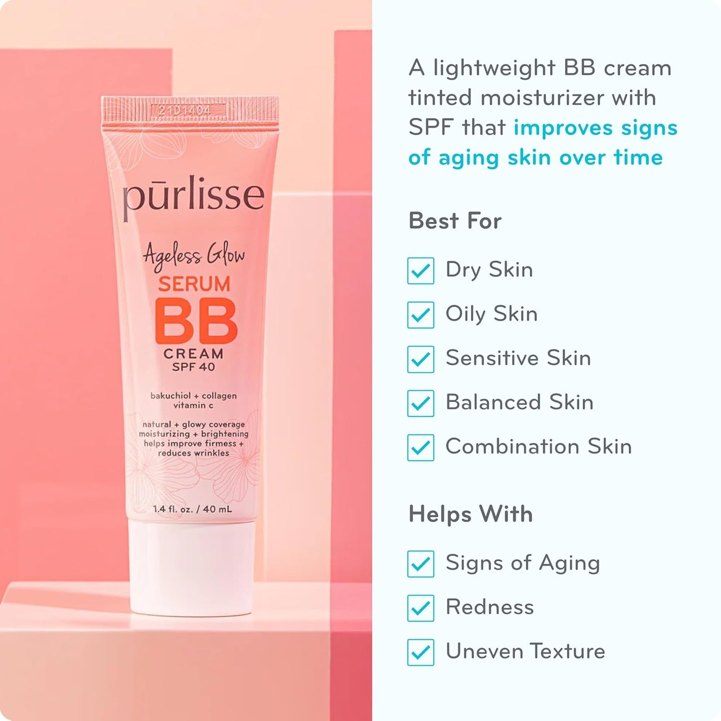 pūrlisse Ageless Glow Serum BB Cream SPF 40 - Glow BB Cream with SPF Enriched with Bakuchiol & Vitamin C to Help Improve Firmness & Reduce Wrinkles for Dewy Skin - Medium (1.4 oz)