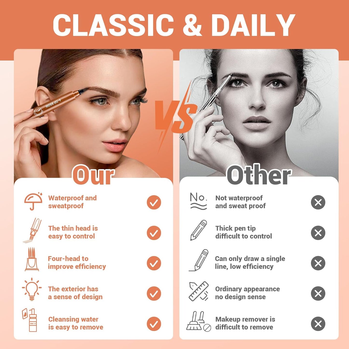 2025 New Magic Eyebrow Pencil, 4 Tipped Precise Brow Pen 3D Waterproof Microblading Contouring Pen Fine Stroke Microblading Eyebrow Pencil Creates Natural (Black)