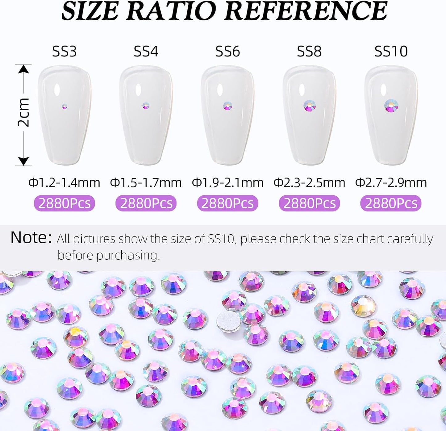 Crystal AB Flatback Rhinestones, Glass Rhinestones for Nail Art and Craft, Glue Fix, Loose Crystal Gemstones(Crystal AB, SS6, 2880pcs, 1.9-2.0mm)