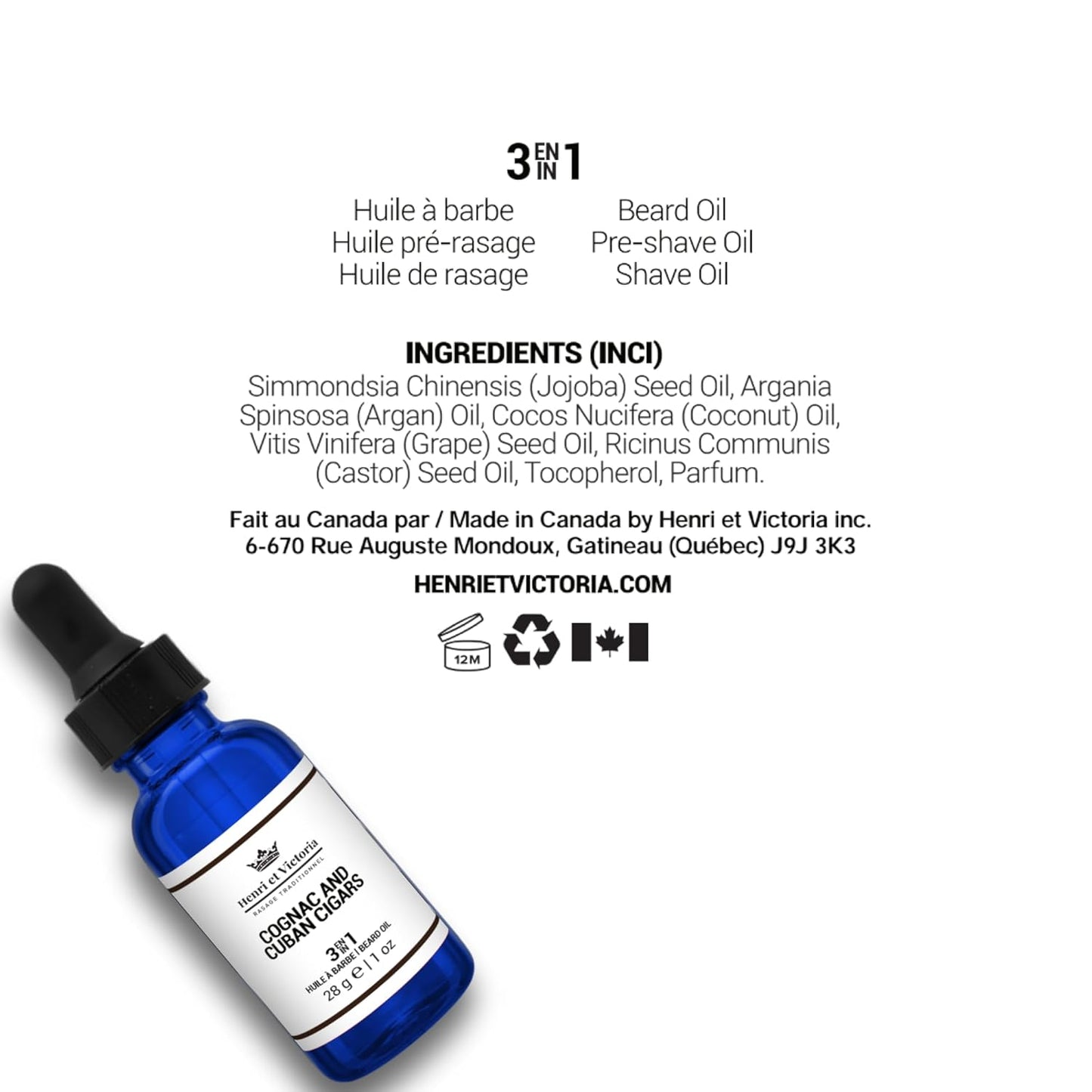 Beard Oil Cognac and Cuban Cigars Fragrance | Canadian Made by Skilled Artisan | Moisturizing, Non-Greasy, Natural Ingredients | 28g (1oz)