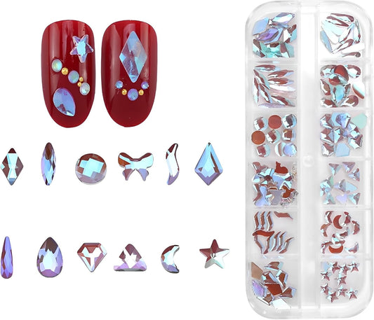 120pcs Flatback Rhinestones Glass Charms Diamantes Gems Stones for Nail Art Box Multi Shapes Aurora Purple