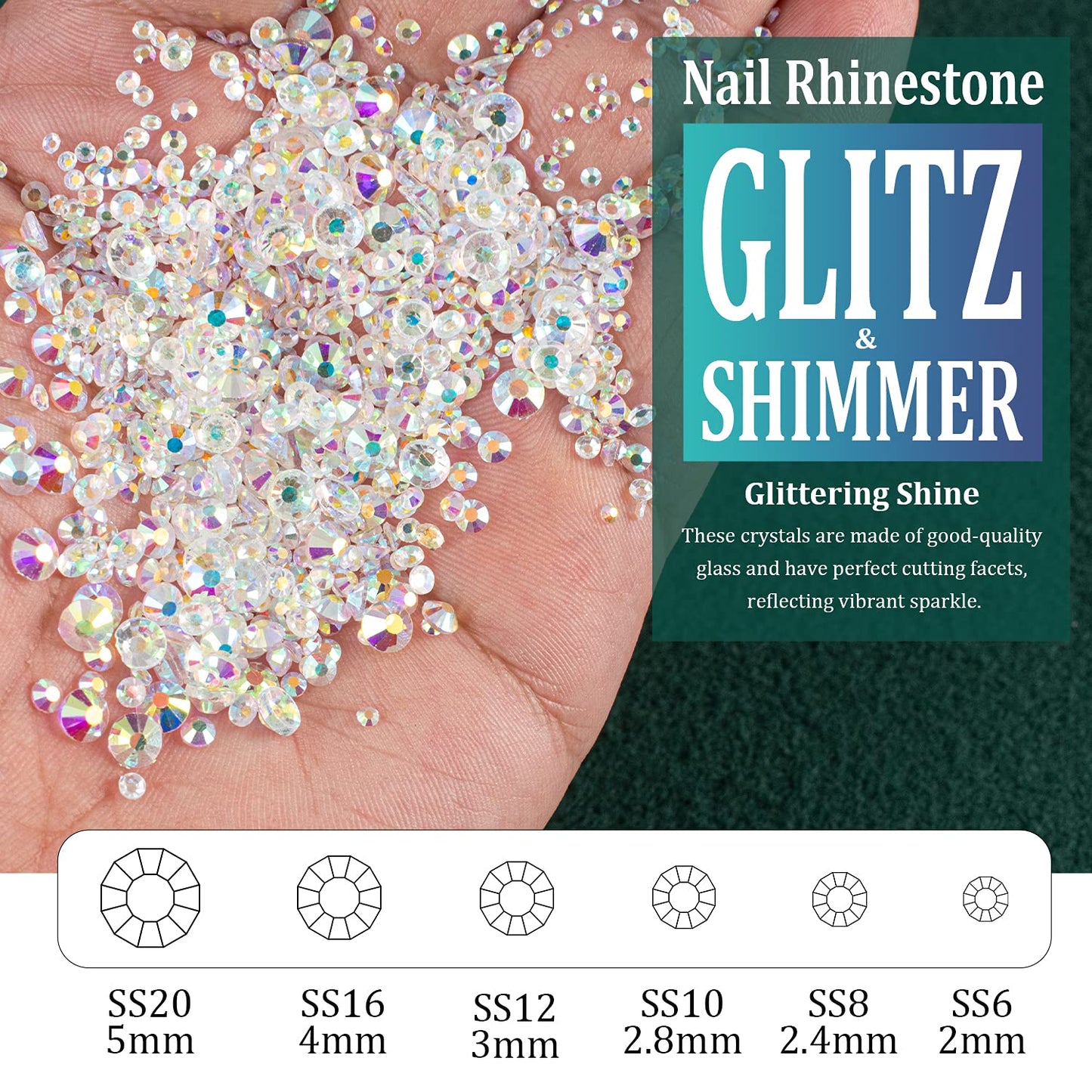 6 Sizes Transparent AB Glass Crystal Kit with Pickup Pen + Tweezer Tools for Iridescent Shine Nail Art Manicure Makeup DIY Decoration Flatback Round Rhinestone Gem Jewelry Diamond