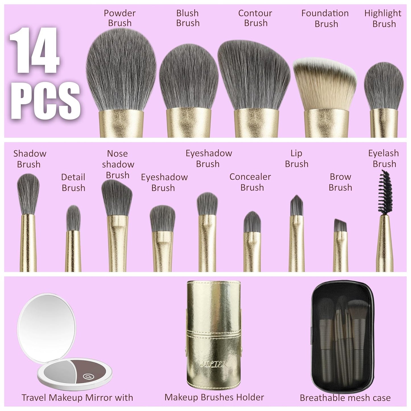 Jilier 14 pcs Mini Makeup Brushes and Pocket Mirror, Travel Makeup Brush Set, LED Compact Mirror with Light, Travel Size with Case, Portable for Handbag, Travel Essentials for Women