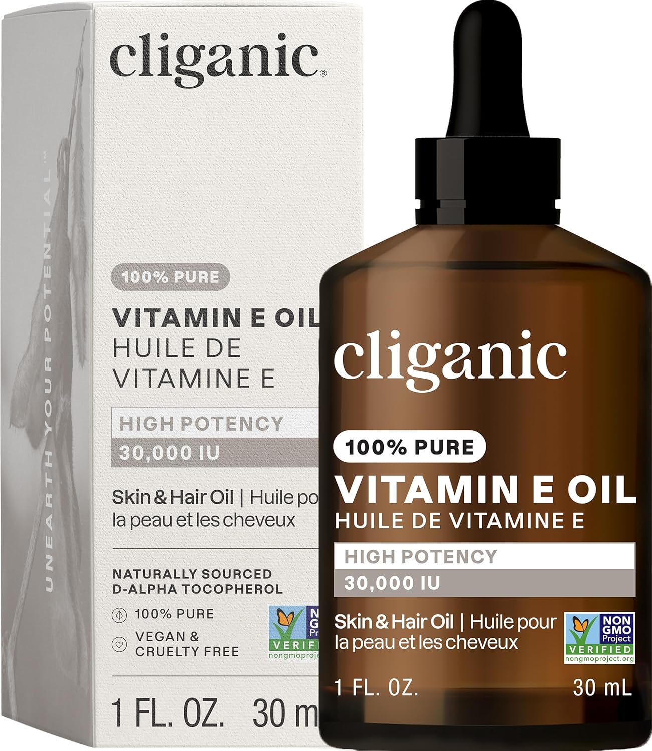 Cliganic Pure Vitamin E Oil for Skin, Scars, Hair & Face - 30,000 IU, Non-GMO Verified | Natural D-Alpha Tocopherol