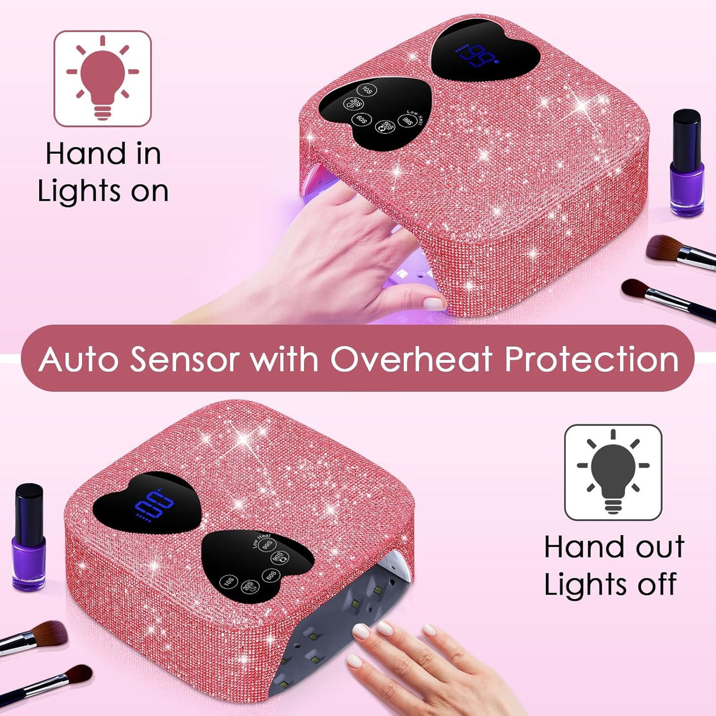 UV LED Nail Lamp Cordless, HUITINE 80W Rechargeable UV Light for Gel Nails with 5 Timers & Mirror Base, Professional Gel Light Dryer, Sparkling Rhinestones Curing Lamp for Salon & Home (Pink Diamond)