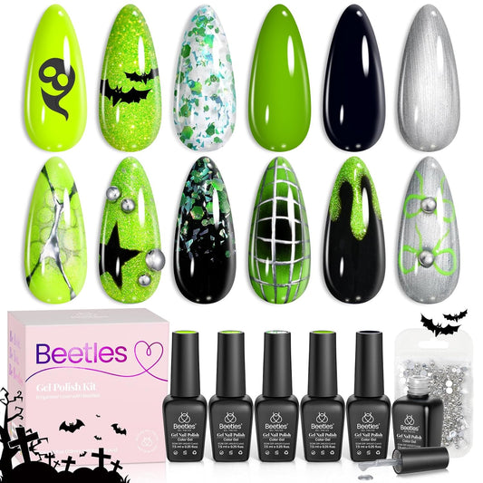 Beetles Neon Green Gel Nail Polish Set, Halloween Black Glitter Silver Brat Tribe Gel Polish with Rhinestones for DIY Nail Art Festival Manicure Gift for Women
