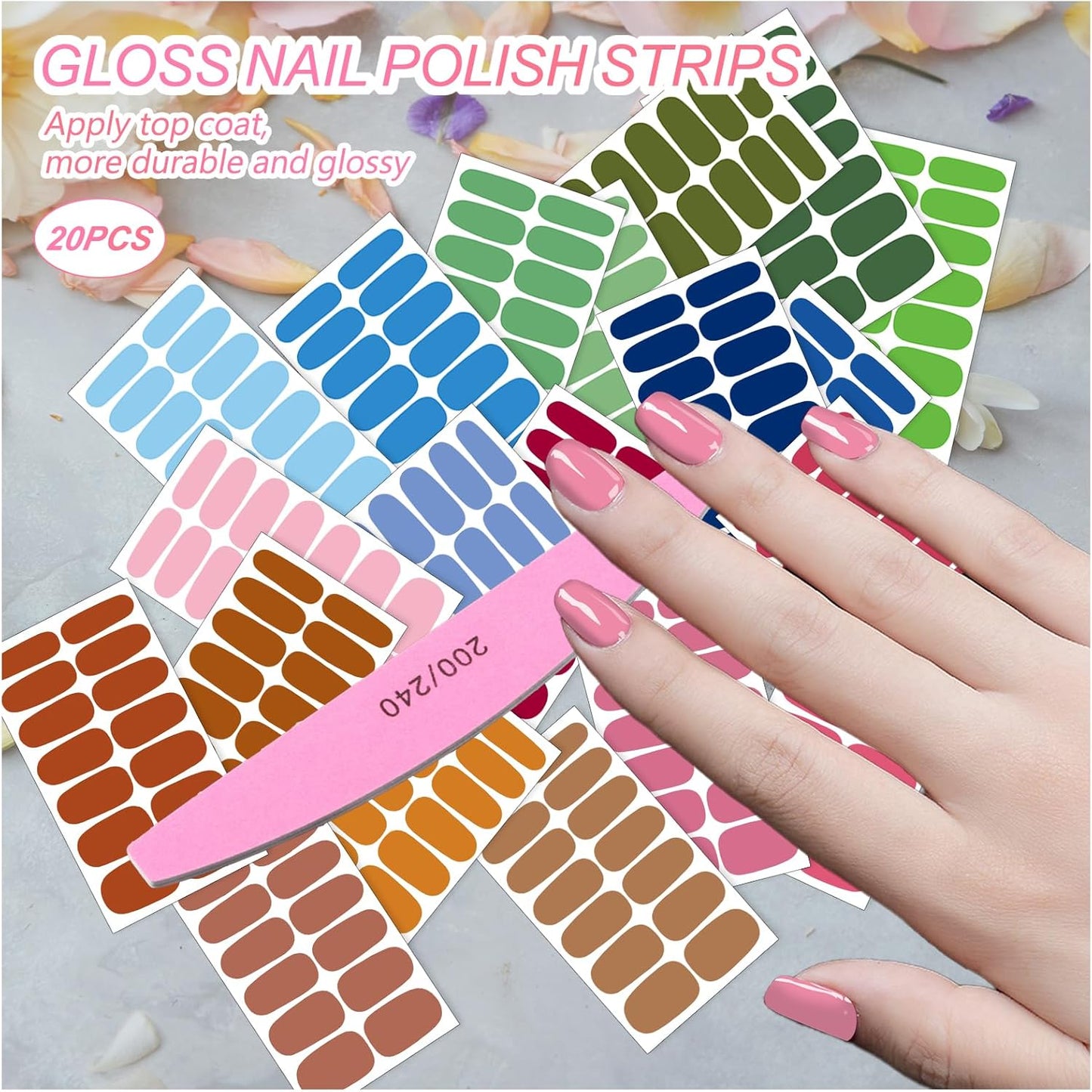SILPECWEE Nail Polish Strips (20 Sheets, Bright Color), Nail Polish Stickers Full Nail Wraps Self Adhesive Nail Stickers Gel Strips Fingernail Sticker Nails for Women with File