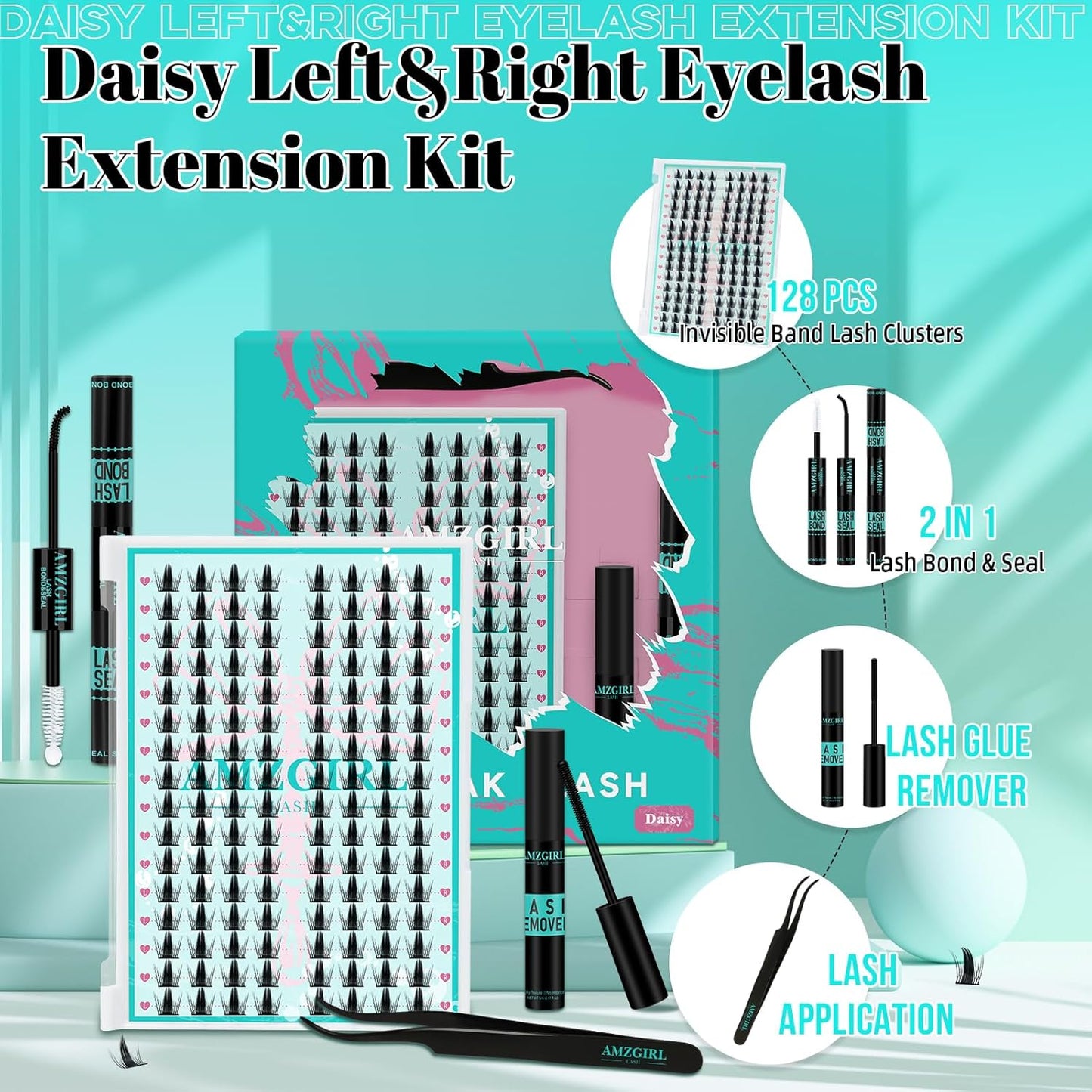 Lash Clusters Kit 128PCS Left & Right Lashes Cluster Kit with Wide Band Eyelash Clusters,White Eyelash Bond and Seal,Lash Remover and Tweezer for Cluster Eyelash Extensions(Daisy,D-12mm)