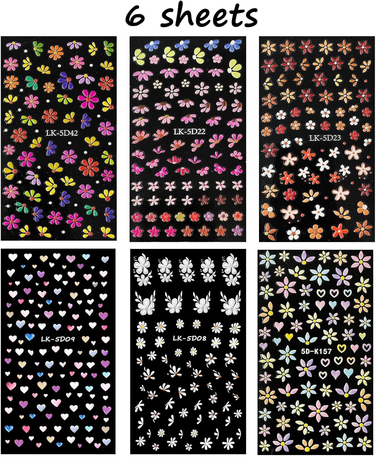 Nail Art Stickers Decals 5D Embossed Flower Nail Decals Self Adhesive Spring Summer Heart Daisy Nail Supplies 3D Nail Design for Women Nail Decoration Colorful Flower Nail Stickers