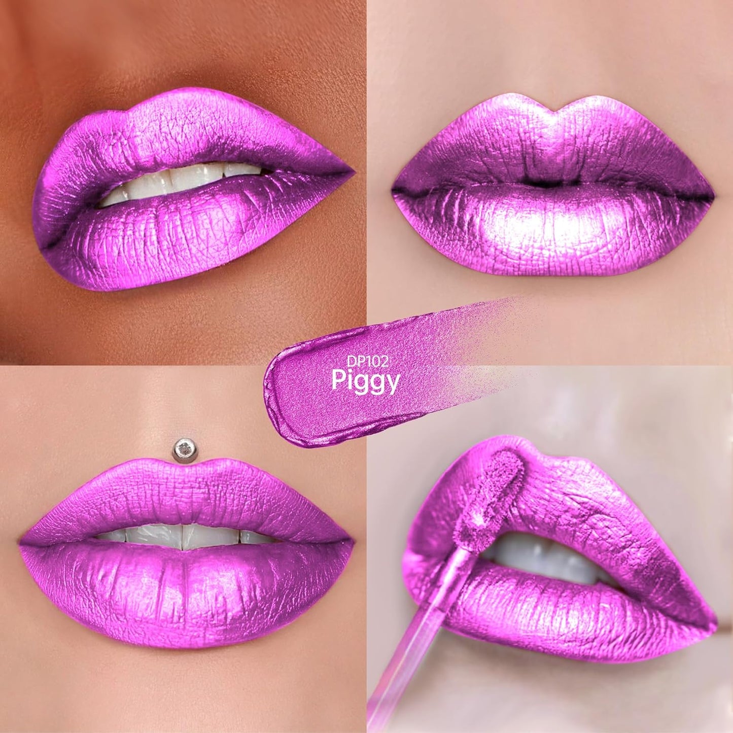 Purple Lipsticks for Women Metallic Lipstick Long Lasting Lip Gloss Metal Shine Lightweight Hydrating Full Coverage Lip Color, DP102 Piggy