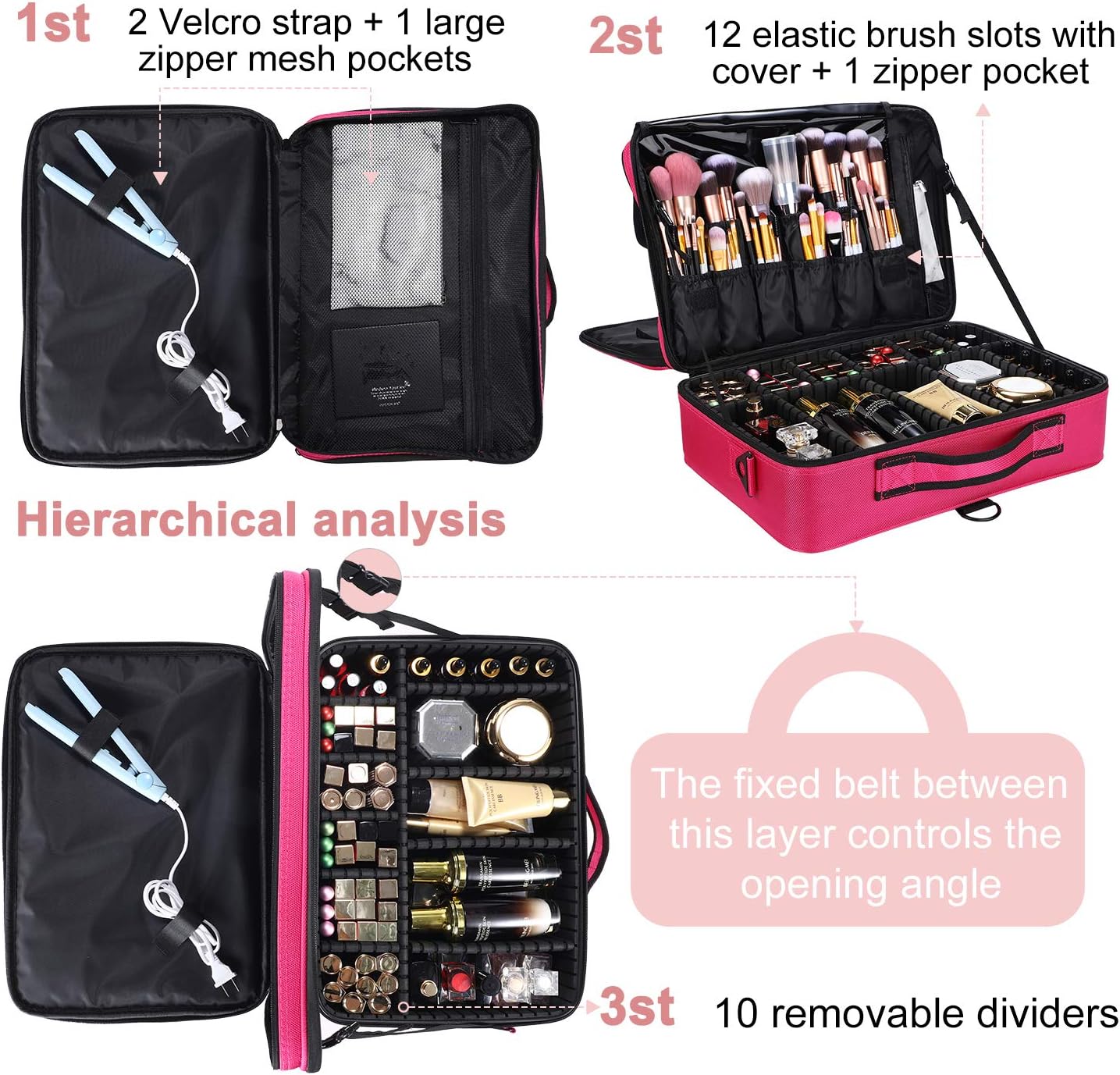 JOURMON Travel Makeup Case Portable Makeup Train Case Organizer Cosmetic Bag with Adjustable Dividers and Shoulder Strap for Makeup Brushes Toiletry Travel Accessories(Rose Red, L)