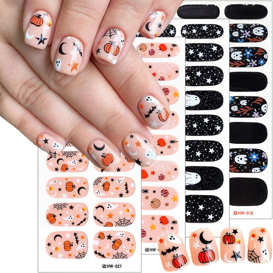 Halloween Ghost Gel Nail Strips - Cute Pumpkin Polish With Orange Black Spider Web, Star Moon Design - Full Wrap Stickers for Women Girl Nail Supplies 4Pcs