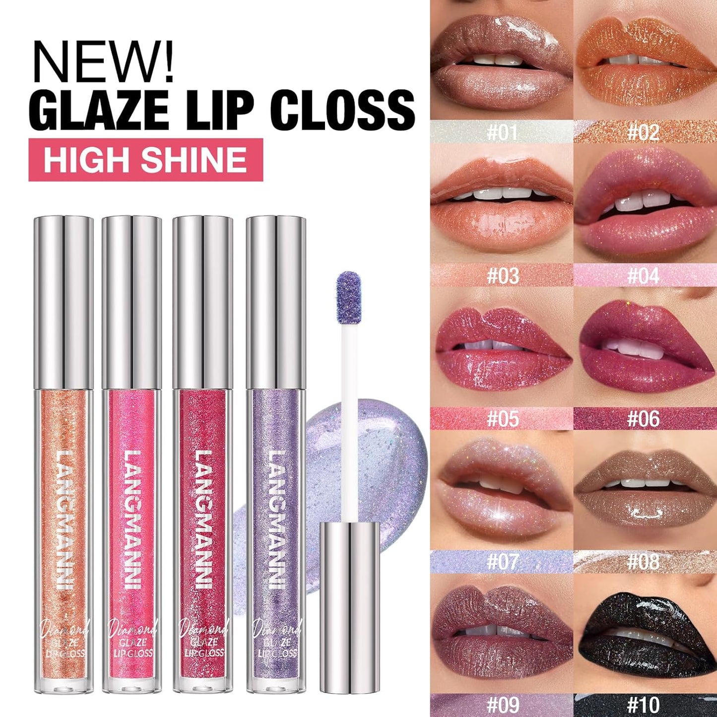 LANGMANNI 2 Colors Diamond Glitter Lip Gloss Set,Long Lasting High Shine Shimmer Liquid Lipstick Set,Hydrating,Moisturizing Lip Gloss Kit Gift Makeup For Girls(#07+08)