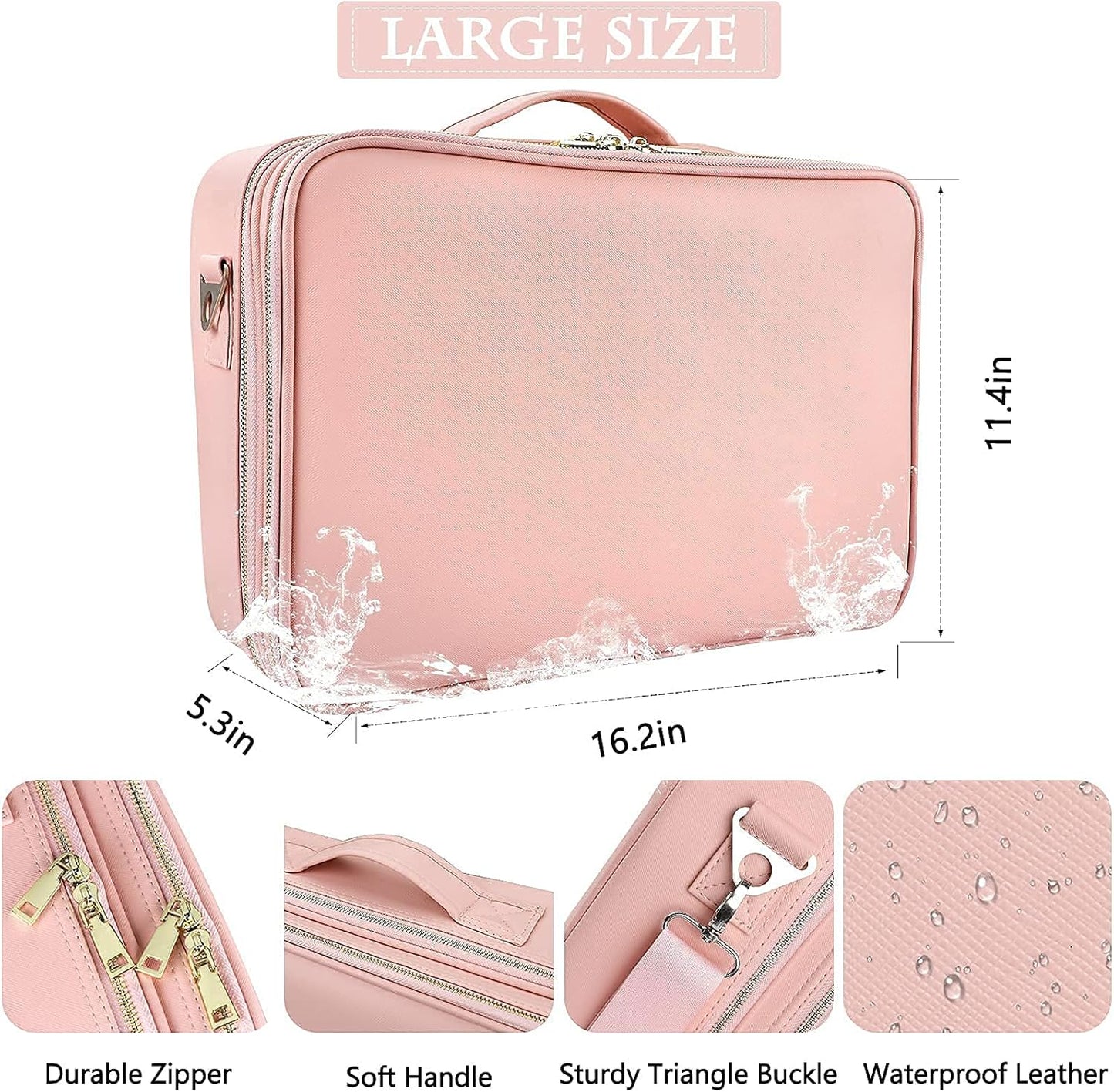 JOURMON Travel Makeup Case Portable Makeup Train Case Organizer Cosmetic Bag with Adjustable Dividers and Shoulder Strap for Makeup Brushes Toiletry Travel Accessories(Pink, L)