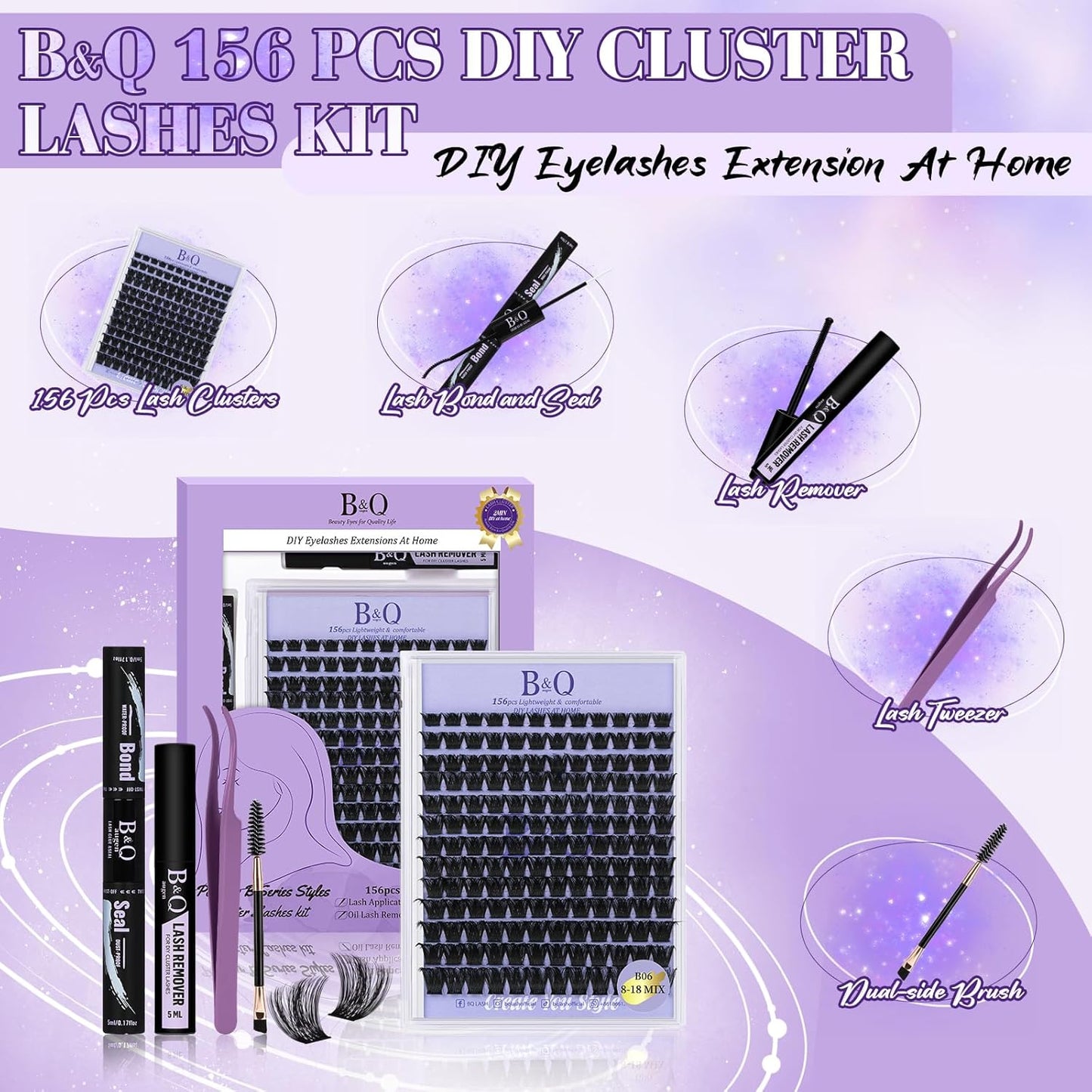 Lash Extension Kit B06 Eyelash Extension Kit B&Qaugen DIY Lash Extension Kit 156 PCS Lash Clusters 8-18mm Cluster Eyelash Extensions Kit with Lash Bond and Seal Lash Applicator Tool (Kit,B06)