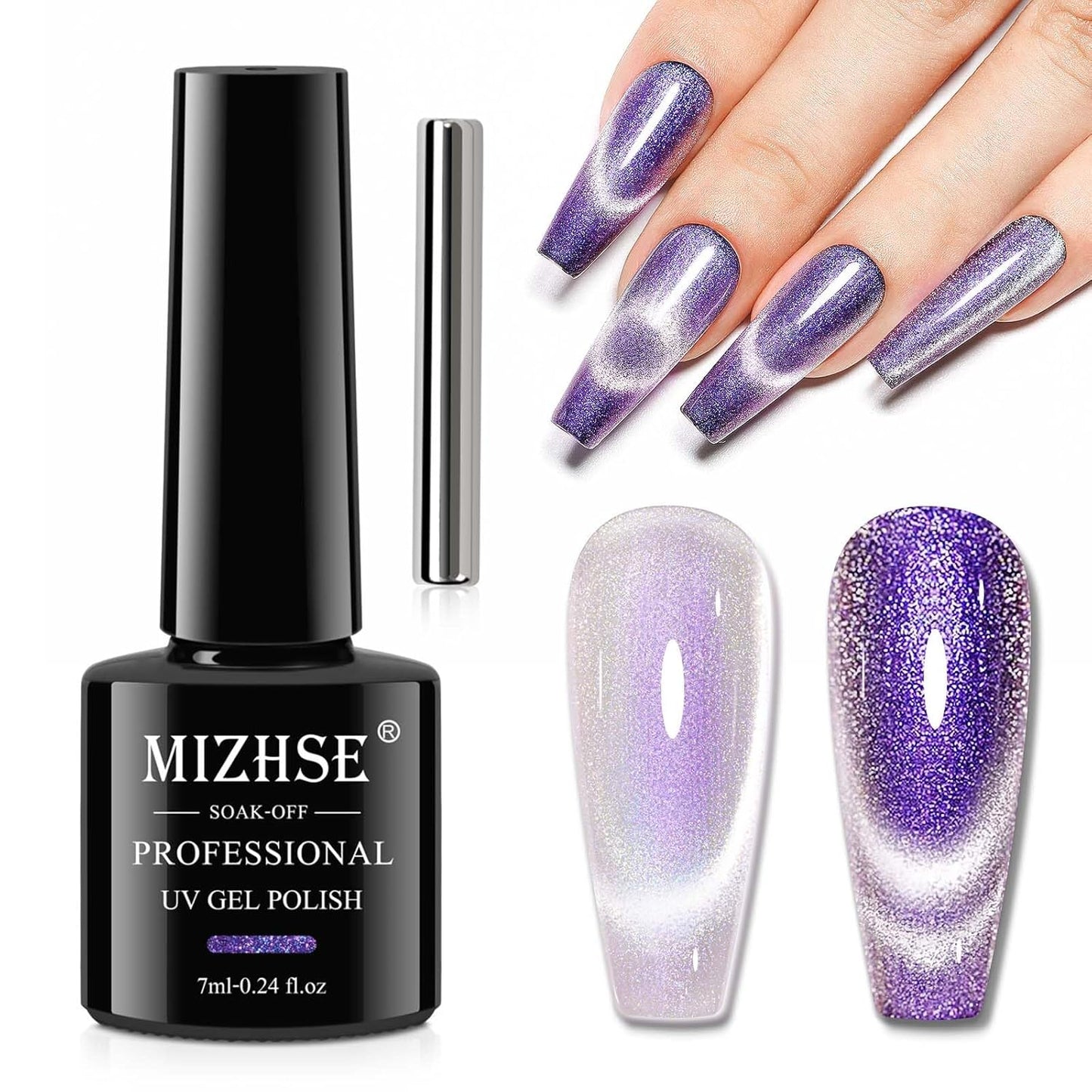 MIZHSE Cat Eye Gel Nail Polish, Aurora Purple Magnetic Gel Polish with Magnet Stick, Shiny Glitter Cateye Nail Gel Soak Off Nail Art Manicure Home