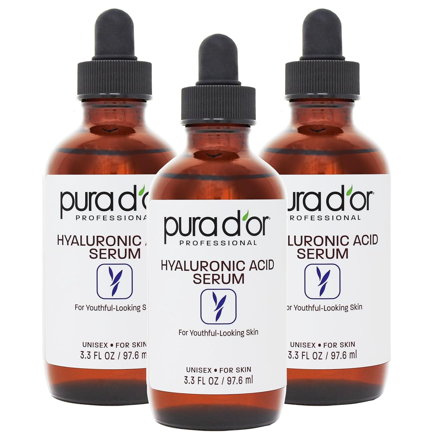 PURA D'OR Hyaluronic Acid Serum For Deep Hydration (3.3oz x3 = 9.9oz) Anti-Aging, Plumping & Moisturizing Formula For Smooth, Supple Skin - Natural Skincare Boost - Fine Lines & Wrinkle Reducer