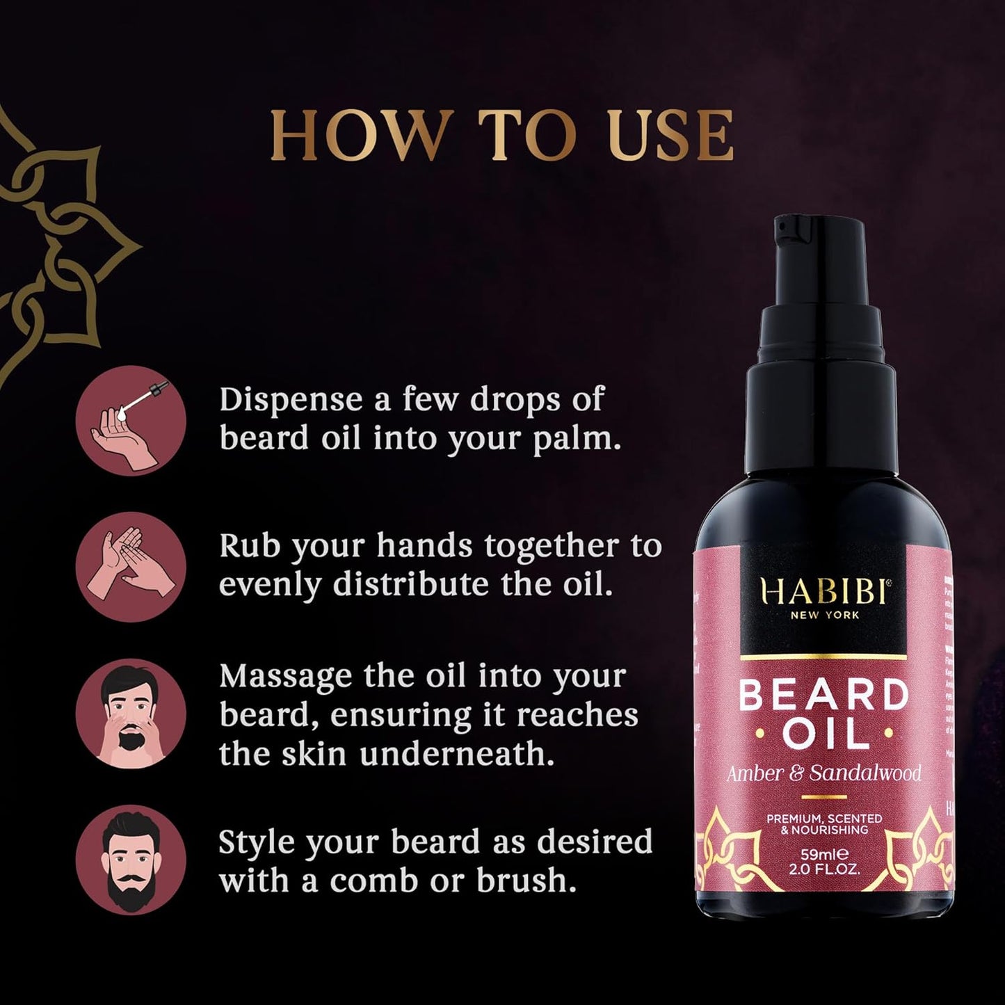 H HABIBI Amber & Sandalwood Beard Oil – 2.0 Fl. Oz Naturally Derived Beard Growth Oil for Men, Beard Care Essential – Hydrates, Nourishes & Promotes Healthy Growth, Made in USA