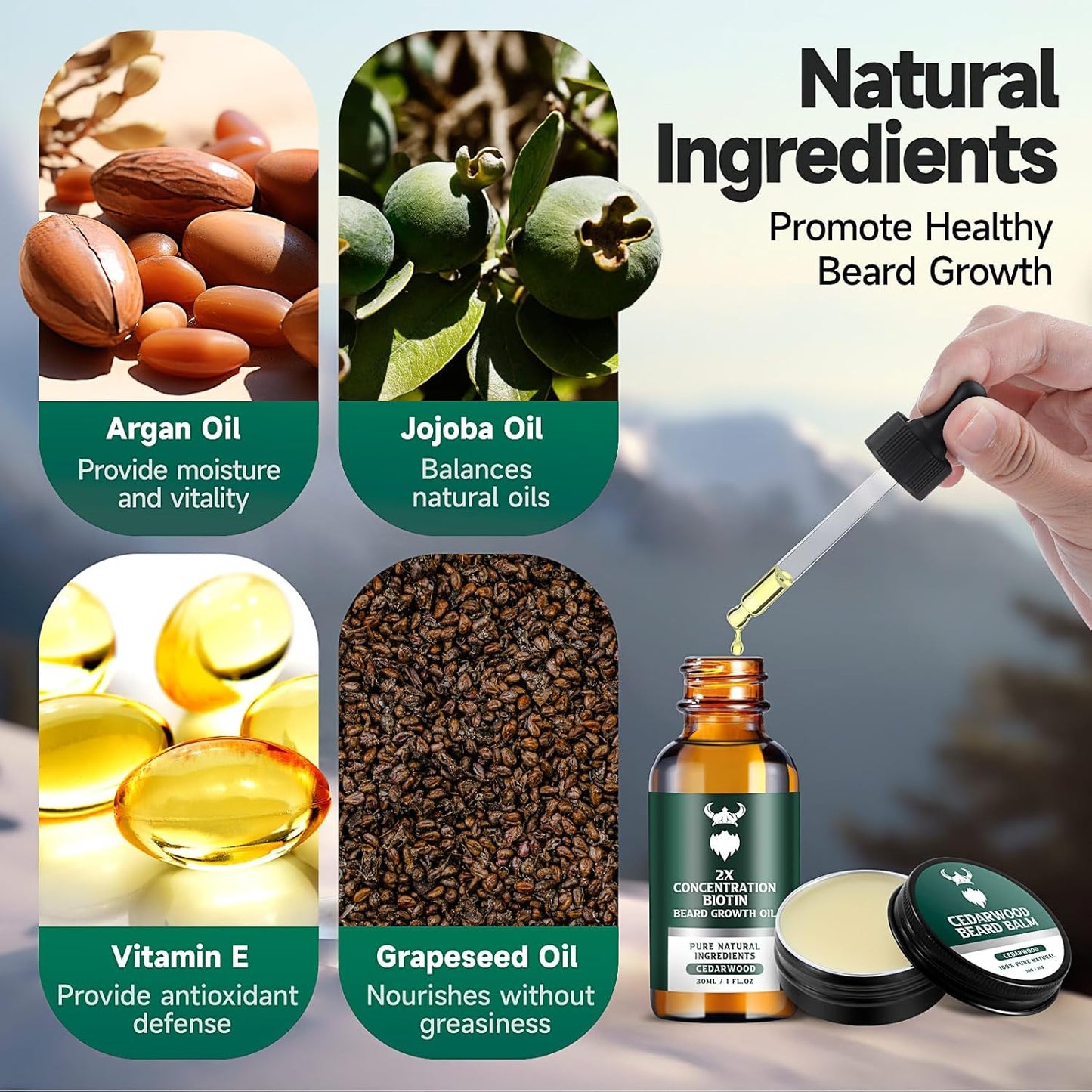 Beard Growth Kit - 2X Concentration Biotin for Men, Natural Argan, Jojoba Oils and Vitamins (Cedarwood)