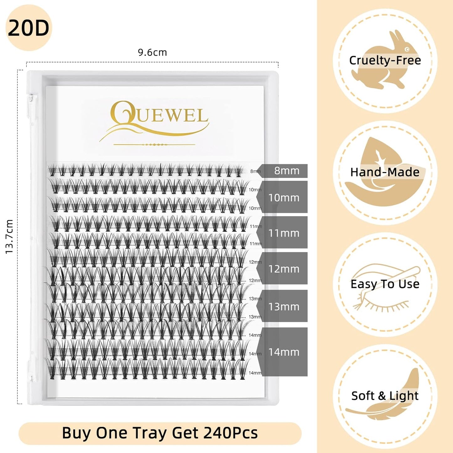 QUEWEL Cluster Lashes 240Pcs Individual Lashes 20D 0.07D Curl Mix8-14mm Lash Extensions Clusters Lashes Soft&Natural False Eyelashes Individual DIY Eyelash Extension at Home(20D 0.07D MIX8-14)