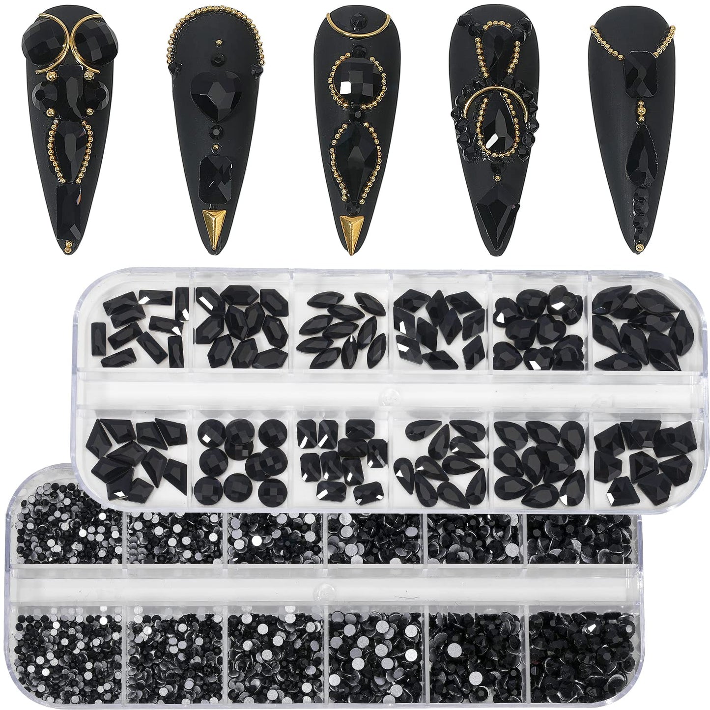 HNUIX Nail Rhinestones - 3D Multi Shape Size Crystal, Black Nail Gems, Flat Back, with Kit, for Nail Art, DIY Decorations