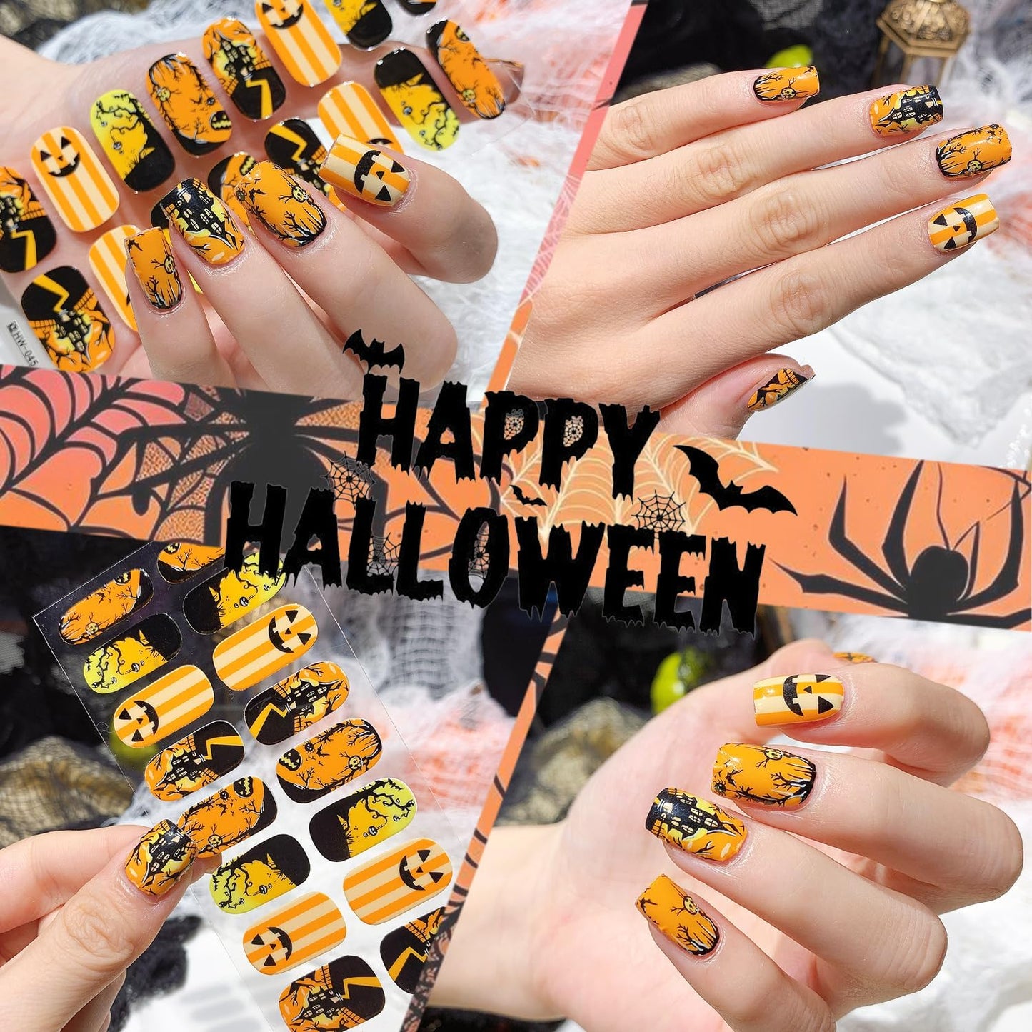 6 Sheets Spooky Halloween Gel Nail Stickers Bat Nail Wraps for Short Nails Self-Adhesive Ghost Full Wrap Nails Polish Strips Pumpkin Nails Polish Stickers Skull Gel Nail Strips for Women Nails Designs