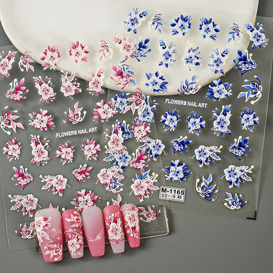 Flower Nail Art Stickers Decals 5D Embossed Self Adhesive Spring Summer Nail Stickers for Nail Art Floral Nail Decals Blue Pink Flower Nail Design Decoration Accessories for Women and Girls
