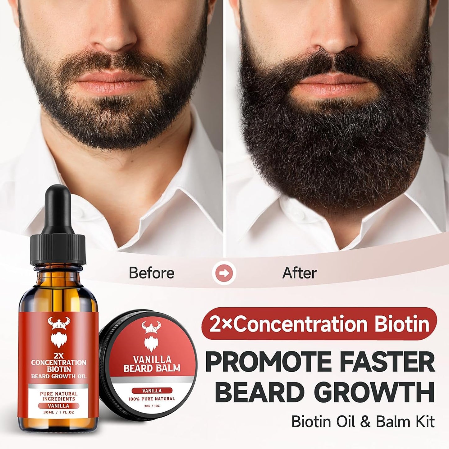 Beard Growth Kit - 2X Concentration Biotin for Men, Natural Ingredients with Argan Oil, Jojoba Oil and Vitamin (Vanilla)