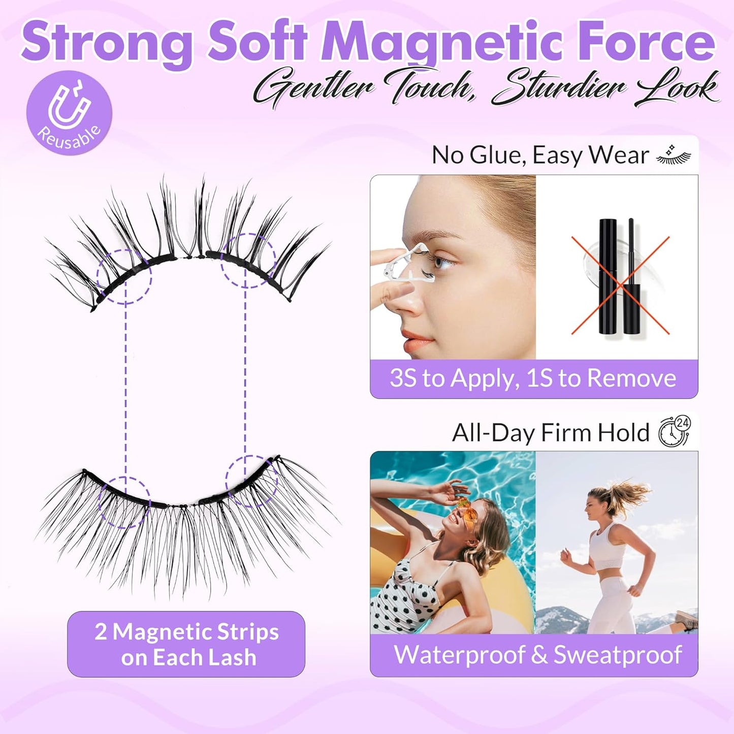 Bepholan Soft Magnetic Lashes with Applicator,No Glue Needed Reusable Magnetic Eyelashes Natural Look Easy to Wear and Remove Waterproof Cruelty-free False Eyelashes（RC01）