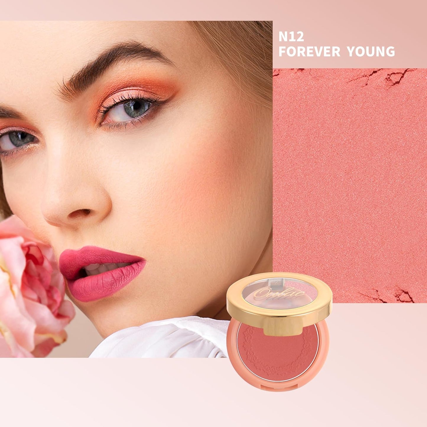 Oulac Blush Face Coral Matte | Pigmented Powdery Cream Blusher Warm Skin Light Medium| Natural Matte | Light Weight&Blendable| Cruelty-Free Blush| 12 Forever Young 4.8g