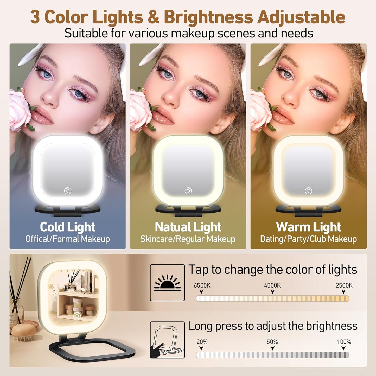 Travel Mirror with Light, 1x/30x Magnifying Mirror with 3 Color Lights and Adjustable Brightness, 4.5x3.9 inch Small Compact Hangable Hand Pocket 3 Way Mirrors, Comes with Tweezer