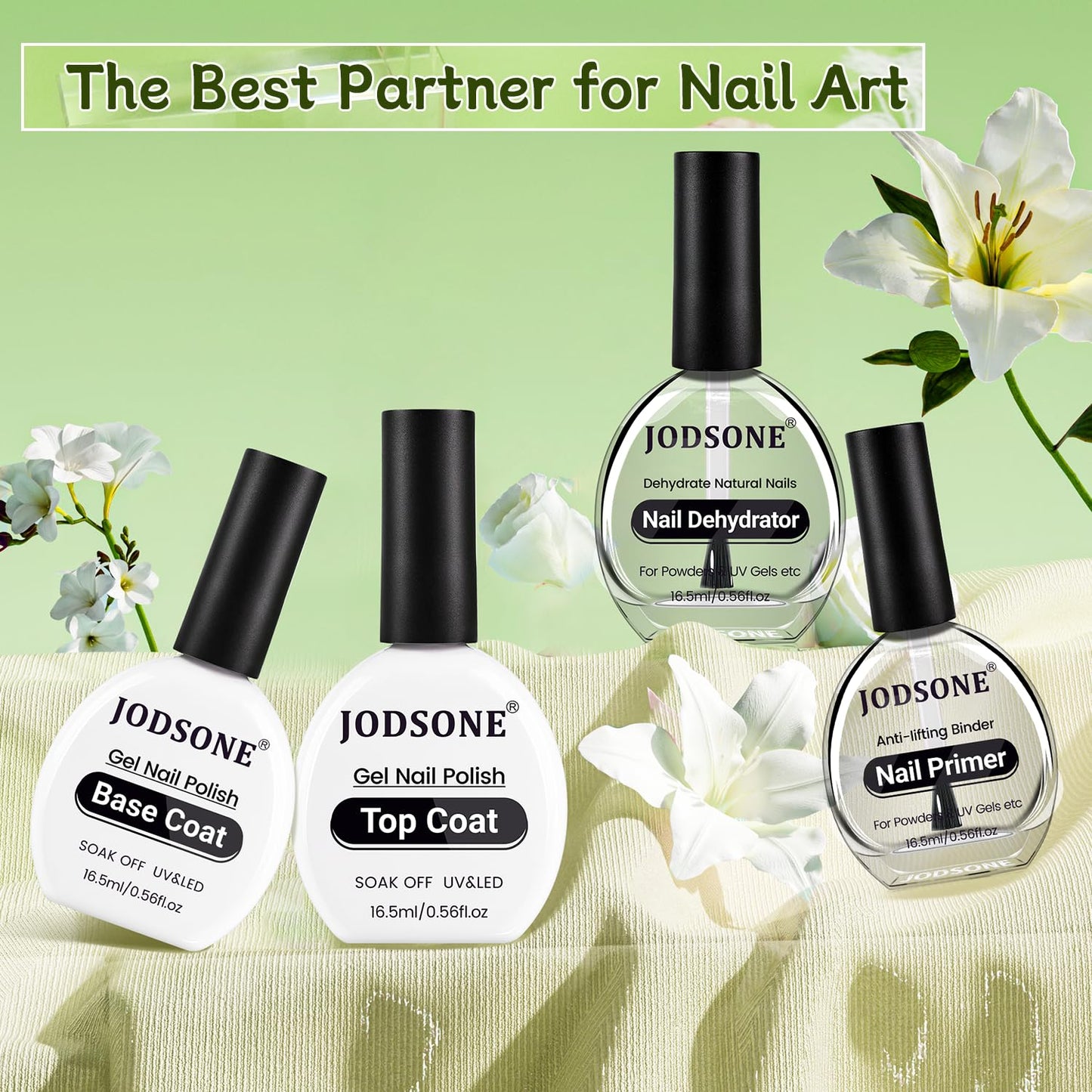 JODSONE 4Pcs Base Coat Top Coat Nail Primer Nail Dehydrator for Long Lasting Manicures Prep Protect and Perfect Your Nails 16.5ml Each Salon Quality Set