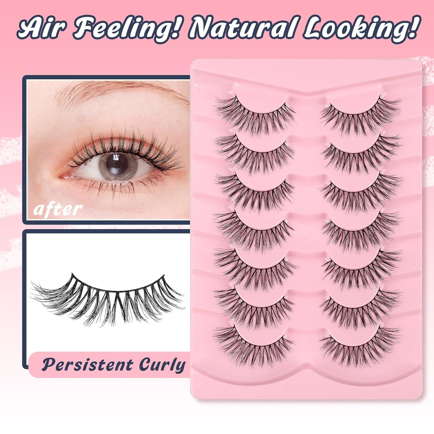 Eyelashes Natural Cat Eye Lashes Wispy C Curl 16mm Strip Lash False Eyelashes Fluffy Eye Lashes 3D Volume Wispy Eyelash Siligli 7 Pair