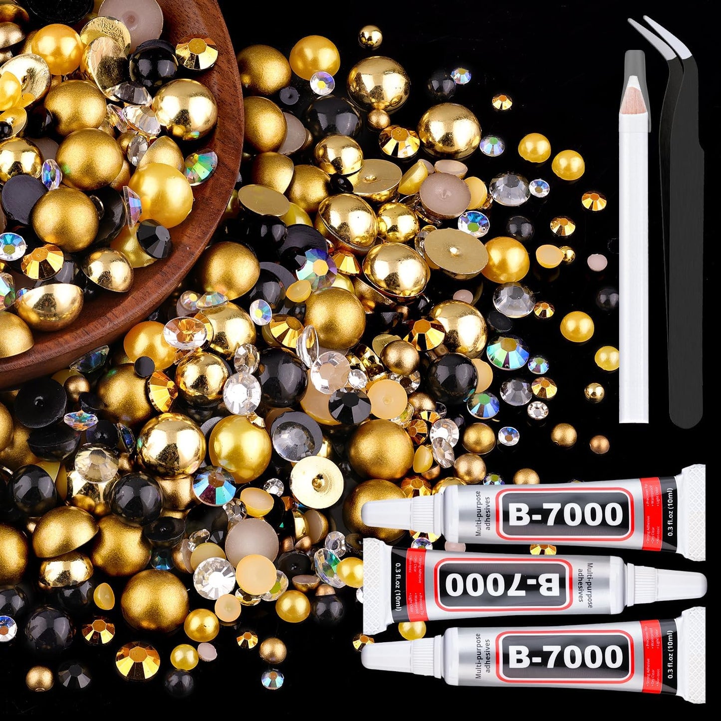80g Flatback Pearls and Rhinestones for Crafting, Golden Black 3-10mm Resin Rhinestones and Half Pearls for Bedazzling, Nail Art and Dec with 3pcs 10ml B7000 Jewelry Glue, Tweezer and Pickup Pencil