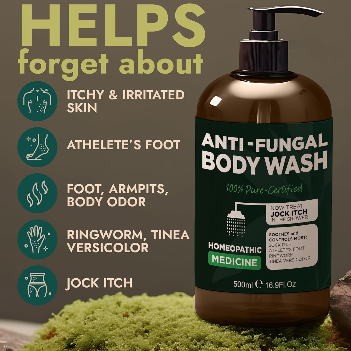Antifungal Body Wash with Tea Tree Oil | Antibacterial Soap for Back Acne,Treats Ringworm, Eczema & Jock Itch | Antibacterial Body Soap For Men And Women | Includes Silicon Scrubber (16.9 oz)