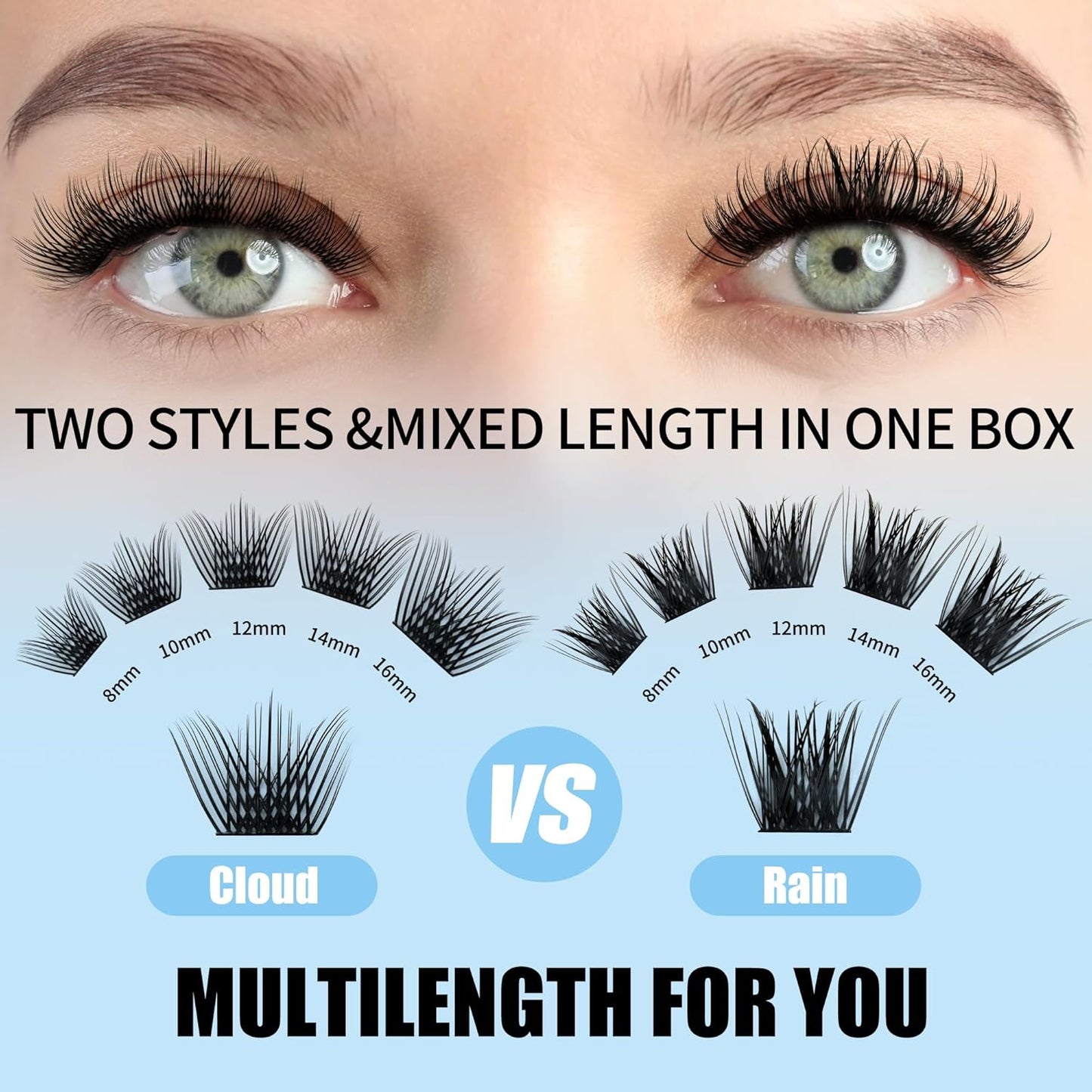 Cluster Lashes GEMERRY Lash Clusters 144 PCS Individual Lashes Two Styles Eyelash Clusters Wide Stem Soft Comfortable Lash Extension Clusters DIY at Home(Cloud/Rain-0.07-D-8-16MIX)
