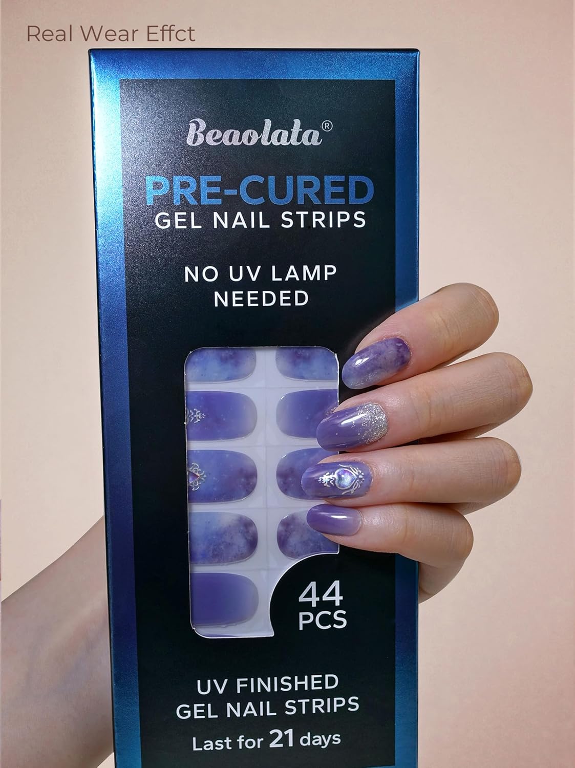 Pre Cured Gel Nail Strips - 44PCS Salon Quality Gel Nail Stickers - Long Lasting Polish Wraps for Women no UV Light Needed Easy Apply& Remove (Crystal Blue）