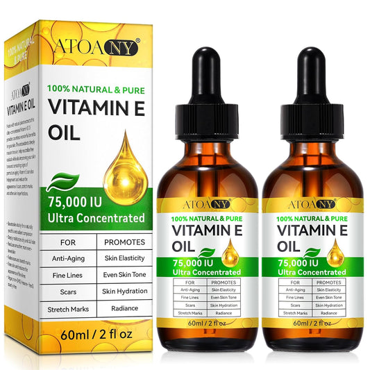 2 Pack Vitamin E Oil, 75,000 IU Organic Pure Vitamin E Oil for Tightening Plump Skin, Reduce Fine Lines & Scars, Moisturizing Skin, Face & Full Body