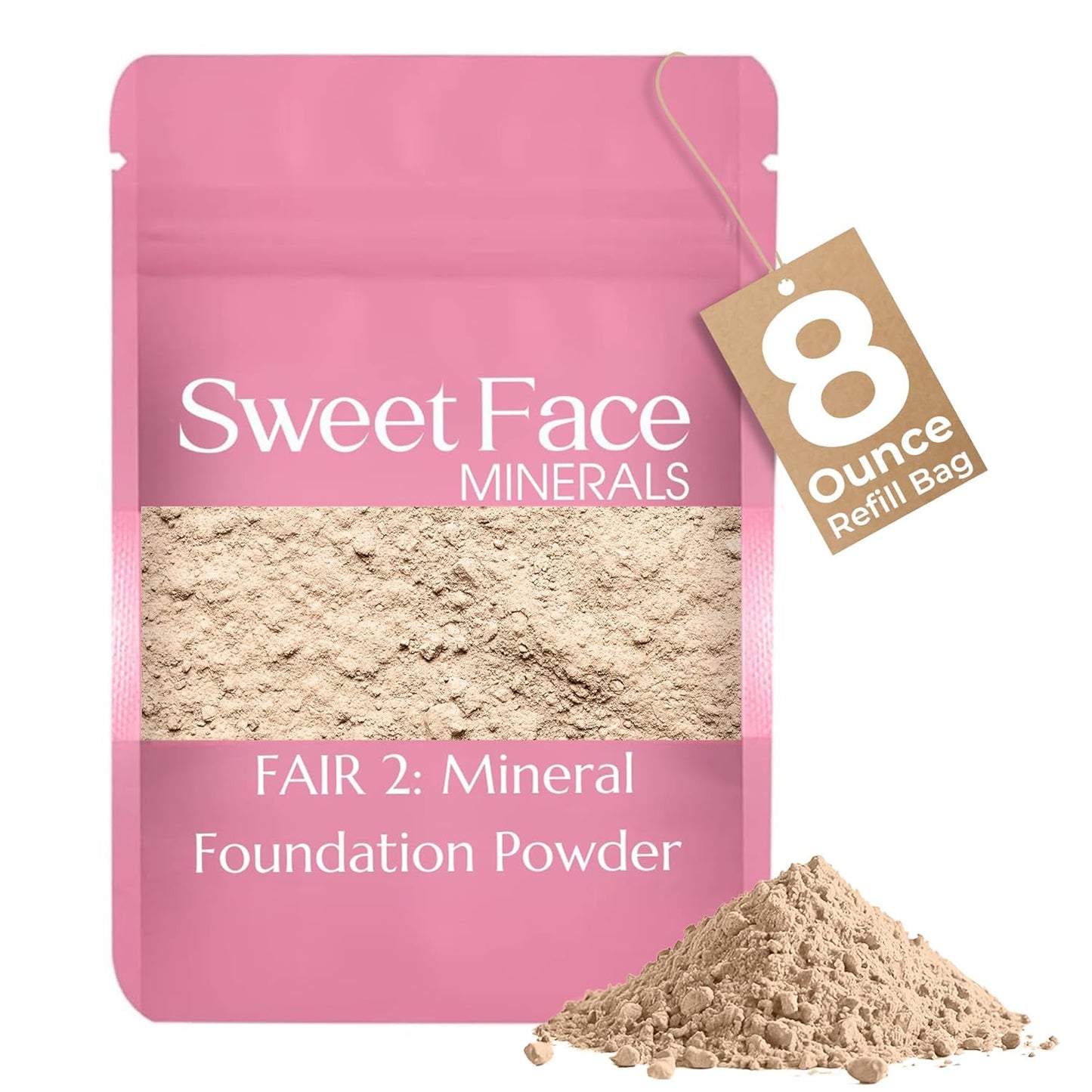 (8 Ounce) (Fair Shade 2) Foundation Powder Refill By Sweet Face Minerals, Lightweight Mineral Loose Makeup Powder with SPF 20, Full Coverage Flawless Finish, Talc-free, Cruelty-Free, Refill Pouch