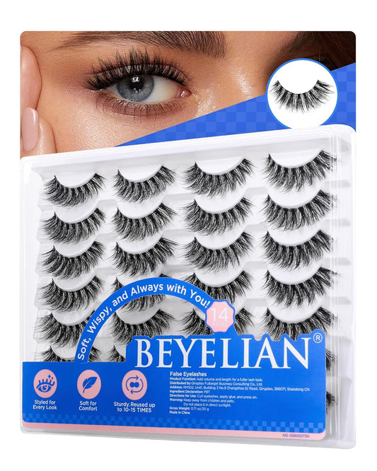 BEYELIAN 14 Pairs False Eyelashes Fluffy D Curl 6-15MM Cat Eye Lashes Wispy, 3D Volume Clear Band Faux Mink Lashes Soft and Lightweight, Reusable, Easy to Apply (14P-HSCS-48)