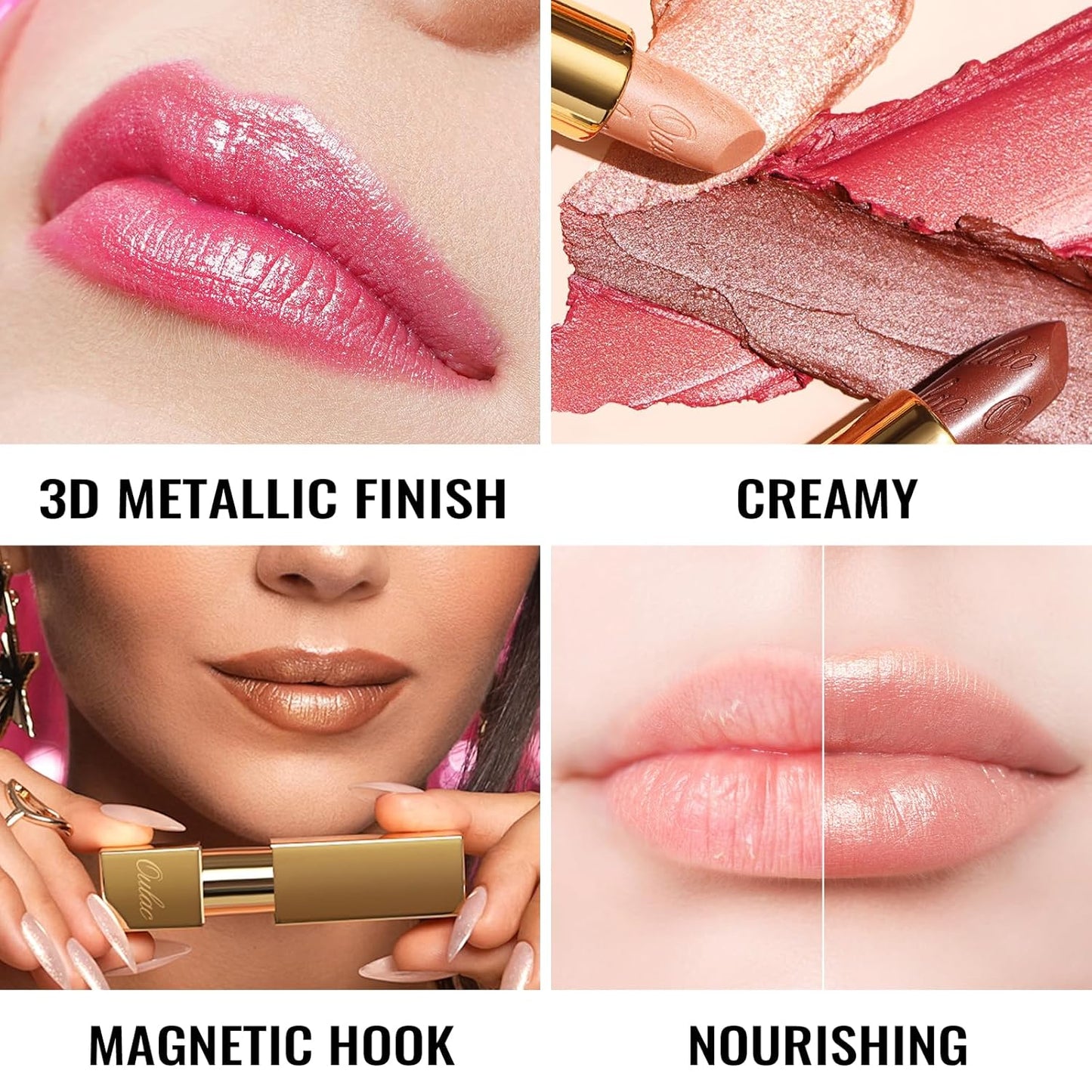 Oulac Burgundy Lipstick for Women with Metallic 3D Shine Lightweight Hydrating Formula, High Impact Lip Color, Vegan Beauty, Full Coverage Lip Makeup, Christmas Gifts for Women, Love Particle(03)
