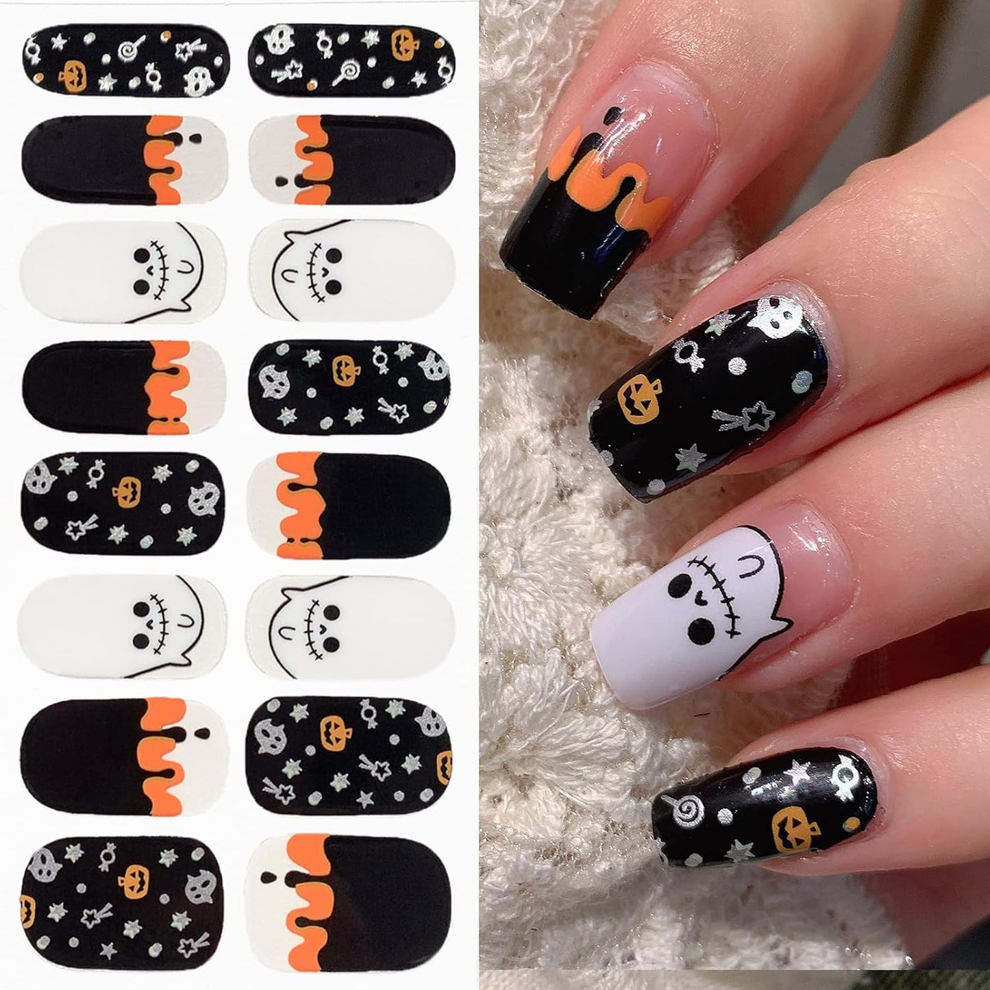 8 Sheets Halloween Nail Wraps Full Stickers Nail Polish Strips, DIY Self-Adhesive Nail Art Decals Pumpkin Bat Ghost Spider Web Skull Pattern with 1 Piece Nail Files for Party Decor (128 Pieces)