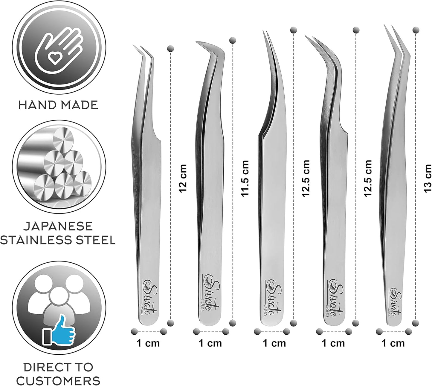 SIVOTE Eyelash Extension Tweezers for Classic & Volume Lashes, 5-Pack, Silver