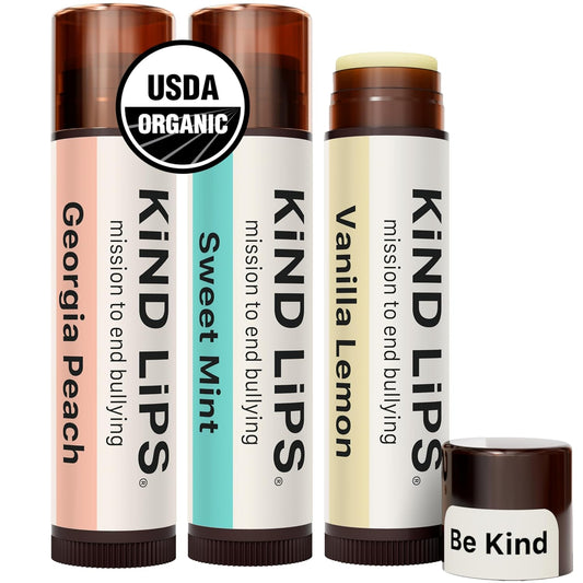 Kind Lips Variety Lip Balm 3-Pack - USDA Organic, Sweet Mint, Georgia Peach, Vanilla Lemon | Gluten-Free, Cruelty-Free